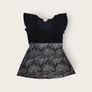 VTG MKM Designs black empire waist flutter sleeve slightly sheer babydoll shirt